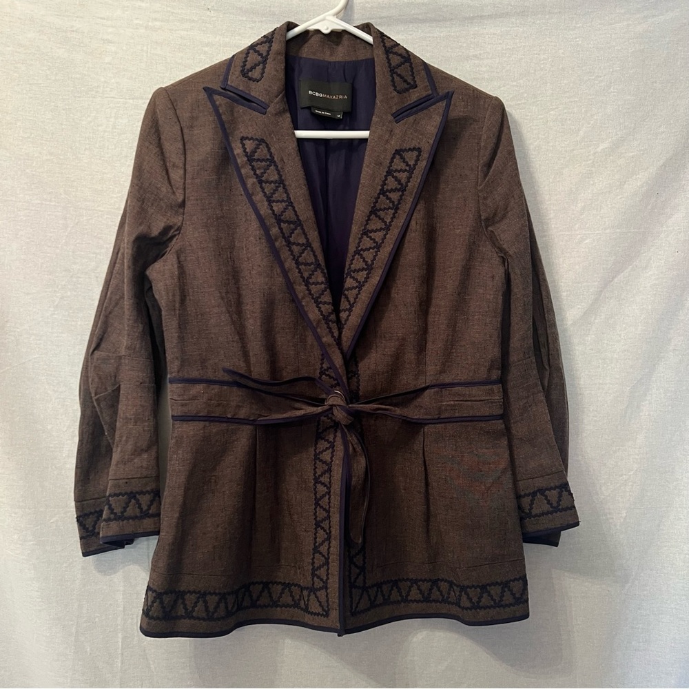 BCBG Maxazria Embroidered Linen Blend Tie Blazer Size M